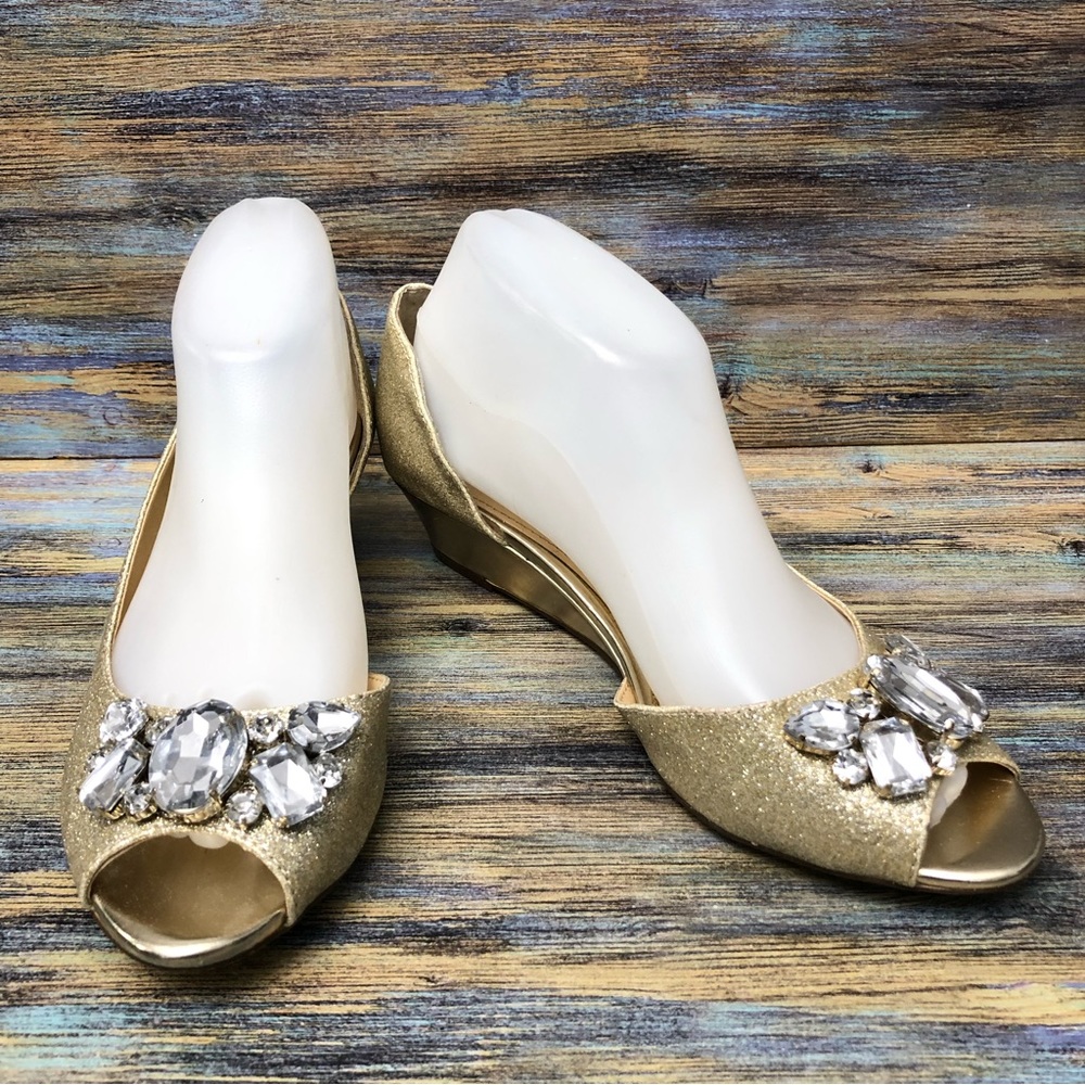 I.Miller Womens Gold Sparkles Slip On Pumps Gemstone Accent Peep Toes Size 8M
